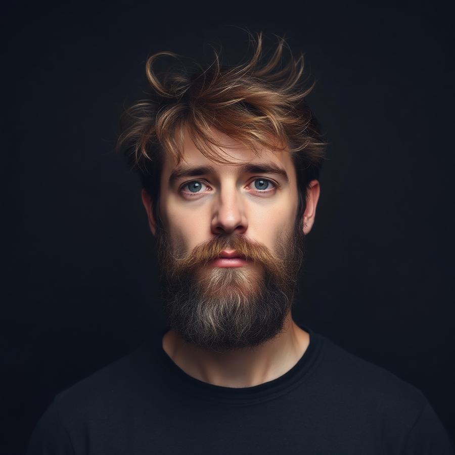 Client before a haircut with overgrown hair and untidy beard